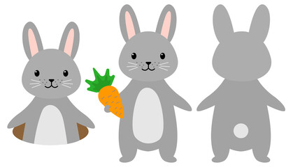 Rabbits cute cartoon set. Bunnies climbed into the hole, the back side of the beast, the hare is holding a carrot. Pet with a cute muzzle and tummy isolated on white background. Vector illustration