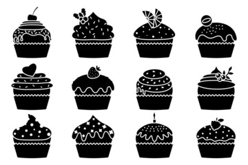 Cupcakes glyph, silhouette with cream and chocolate set. Sweet muffin collections decorated with cherry, blackberry and mint, candle, lemon, cookie, strawberry. Pastries sprinkled with tasty crumbs