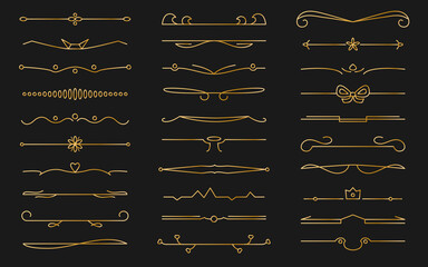 Dividers gradient gold ornament set. Vintage chapter decorations frame and lines, flourish separator collection. Design element for greeting card, web banner or wedding invitation. Vector illustration
