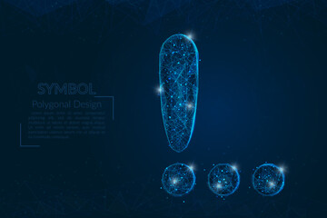 Abstract isolated blue image of a exclamation mark. Polygonal illustration looks like stars in the blask night sky in spase or flying glass shards. Digital design for website, web, internet. © Katsiaryna
