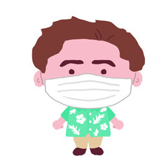 マスクをつけた沖縄のかりゆしウェアを着た男性　イラスト素材