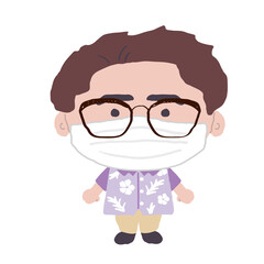 マスクをつけた沖縄のかりゆしウェアを着た男性　イラスト素材