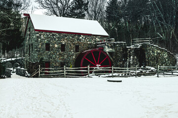 Old stone mill in the snow
