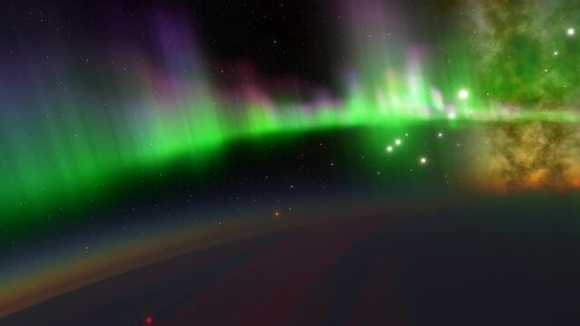 Space animation of a voyage through the beautiful aurora of an exoplanet with the Milky Way in the background