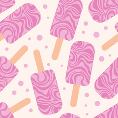 Summer seamless pattern with sweet pink ice cream. Vector design for textile, wrapping paper, greeting cards.