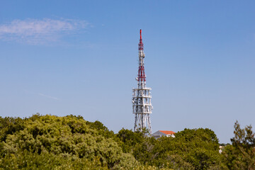 Zadar, Croatia - August 2021 - large 5G repeater tower for mobile phones dominates the landscape