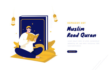 Muslim read Quran for Ramadan Kareem greetings concept
