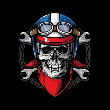skull biker logo and illustration