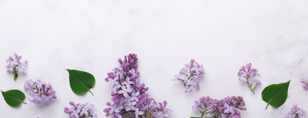 Extra long banner with lilac flowers on stone background. Mothers day, womens day concept. Flat lay, top view. Copy space