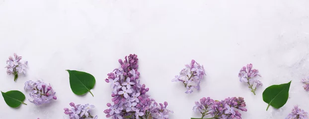 Schilderijen op glas Extra long banner with lilac flowers on stone background. Mothers day, womens day concept. Flat lay, top view. Copy space © lizaelesina
