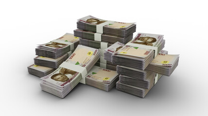 Nigerian Naira notes and coins. 3D rendering of bundles of banknotes and coin concept