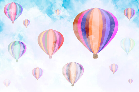 hot air balloon flying high blue sky clouds overlay multicolor balloons adventure hot air balloon tour background
