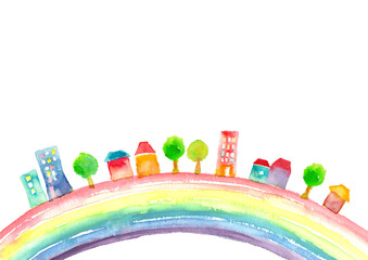 水彩で描いた虹の上の町並みのイラスト