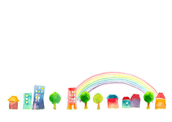 水彩で描いた虹と町並みのイラスト