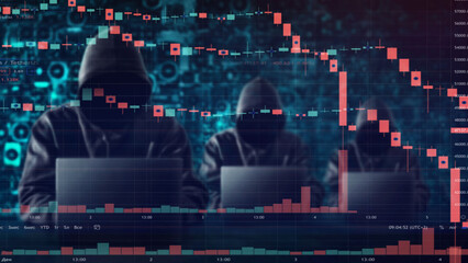 Cyber attack on the stock exchange. Stock price drop chart. Computer security