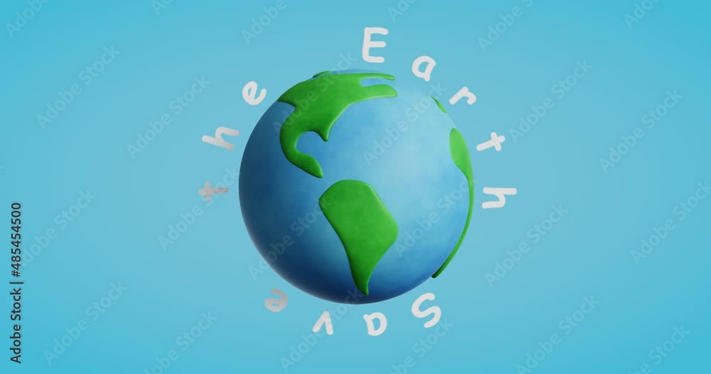 Poster save the earth.spinning cartoon earth on blue background.4k seamless loop animation.3d rendering ill