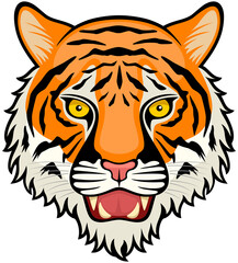 Vector illustration of a tiger face from the front, orange and black with a solid black border.