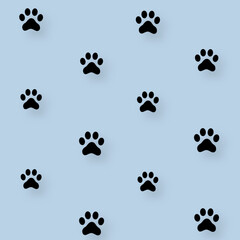 Colorful pattern of cat paws on blue background. Seamless pattern with cat paw. Dog, cat footprint background