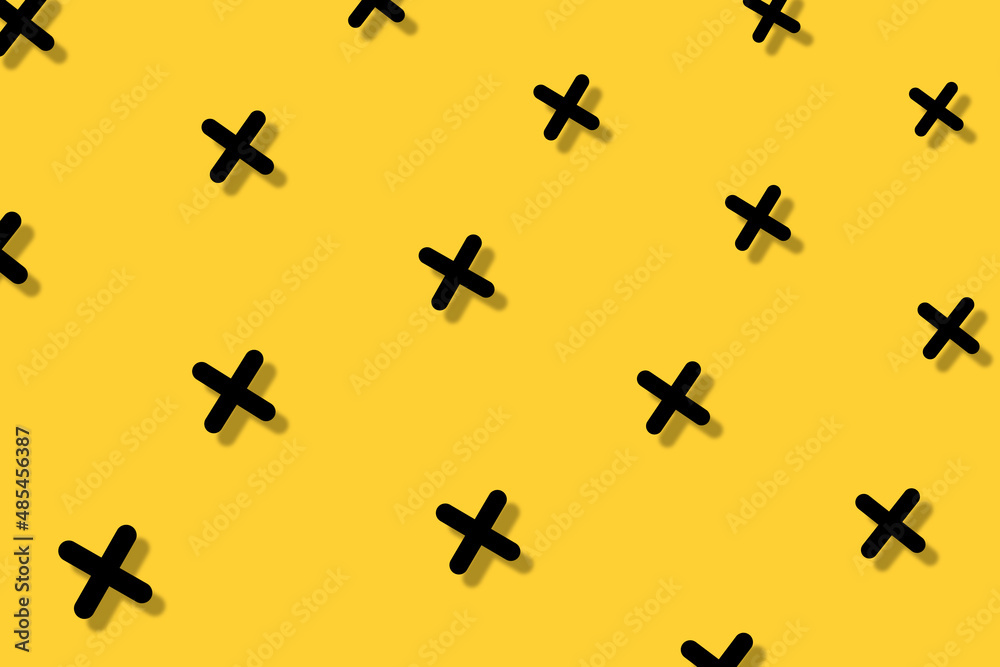Poster pattern of black geometric shapes in retro, memphis 80s 90s style. crosses shapes on yellow backgrou