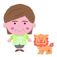 沖縄のかりゆしウェアを着た中年女性とシーサー