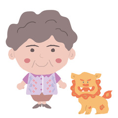 沖縄のかりゆしウェアを着た中年女性とシーサー