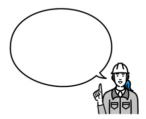 吹き出しで提案するヘルメットをかぶった現場作業員の女性
