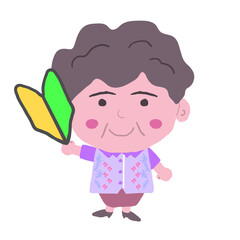 沖縄のかりゆしウェアを着た中年女性が初心者マークを持っている
