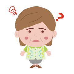 沖縄のかりゆしウェアを着た中年女性が悩んでいる