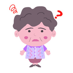 沖縄のかりゆしウェアを着た中年女性が悩んでいる