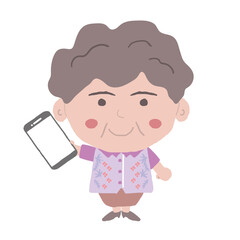 沖縄のかりゆしウェアを着た中年女性がスマホを持っている