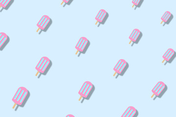 Colorful pattern of popsicles on blue background with shadows. Seamless pattern with ice cream. Top view