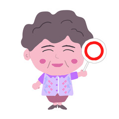 沖縄のかりゆしウェアを着た中年女性が丸札を持っている