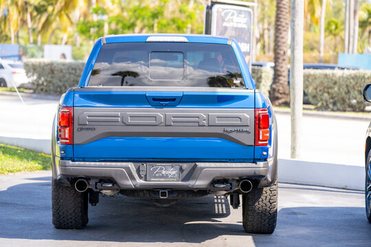 Miami, FL, USA - February 5, 2022: Photo of a blue Ford Raptor F150 pick up truck
