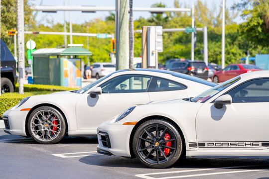 Miami, FL, USA - February 5, 2022: Photo of Porsche sports cars at a dealership