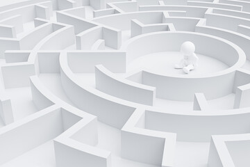 3D Rendering. 3D man siting in center of the maze. Success soncept.