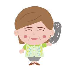 沖縄のかりゆしウェアを着た中年女性が受話器を持っている