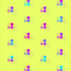 Pattern of geometric shapes in vibrant gradient holographic neon colors. Retro, memphis 80s 90s style. Point groups on yellow background