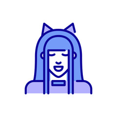 Cute anime cosplay girl with long hair wearing cat ears. Pixel perfect, editable stroke color icon