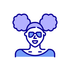 African American girl with two side buns hairstyle, cute sunglasses and earrings. Pixel perfect, editable stroke color avatar icon