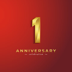 1 Year Anniversary Celebration with Golden Shiny Color for Celebration Event, Wedding, Greeting card, and Invitation Card Isolated on Red Background