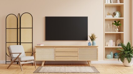 Modern interior of living room with TV,cabinet and armchair in cream color wall background.