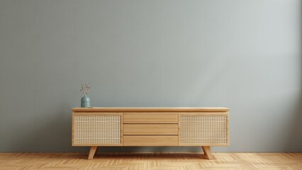 Cabinet for tv in living room interior wall mockup on dark concrete wall.