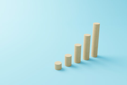 Wooden block growth graph bar on light blue background. Business development to success and growing growth concept. 3d rendering illustration