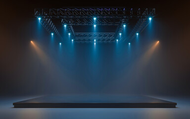 Empty stage with lighting equipment on a stage. Spotlight shines on the stage. 3d rendering - obrazy, fototapety, plakaty