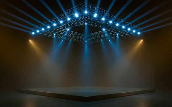 Empty stage with lighting equipment on a stage. Spotlight shines on the stage. 3d rendering