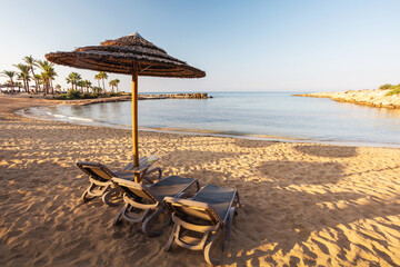 Summer vacation in Cyprus island. Beautiful Nissi beach at sunrise, Cyprus.
