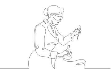 One continuous line.Laboratory assistant in the laboratory. The pharmacist prepares the medicine. The chemist is experimenting. Continuous line drawing.Line Art isolated white background. - obrazy, fototapety, plakaty