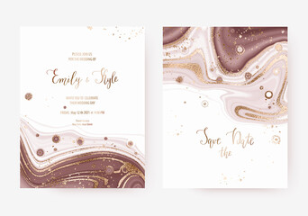 Wedding invitation templates with marble mineral stone and gold splash texture.