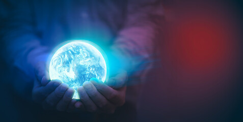 businessman hold hologram global world represent for social media online internet control concept