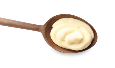 Wooden spoon with tasty mayonnaise isolated on white, top view